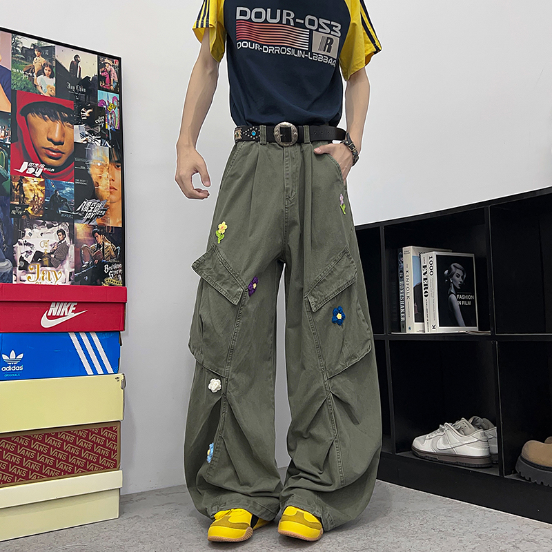 水洗花朵刺绣多口袋工装微喇裤男女美式hiphop褶皱弯刀伞兵休闲裤