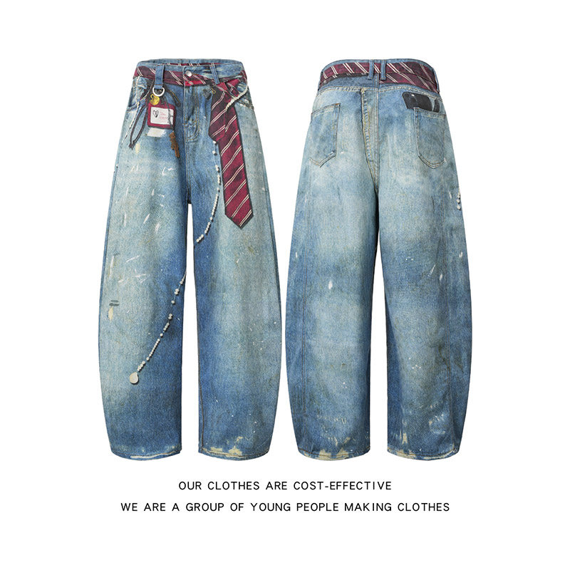 美式街头领带工牌印花牛仔裤男女微喇宽松设计感百搭阔腿弯刀长裤