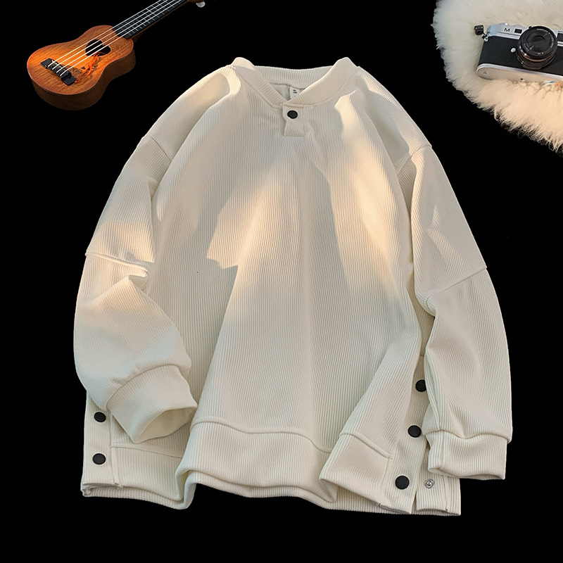 肌理感排扣开叉亨利领长袖卫衣男设计感内搭打底T恤上衣小众无帽