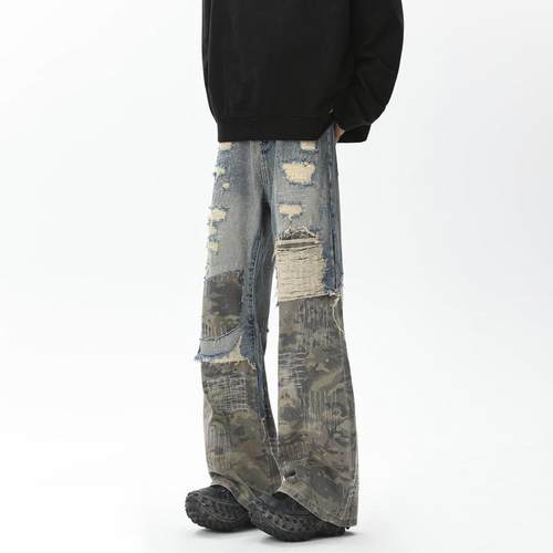 高街迷彩拼接破洞牛仔裤男士春秋季ins潮流直筒街头微喇乞丐裤子