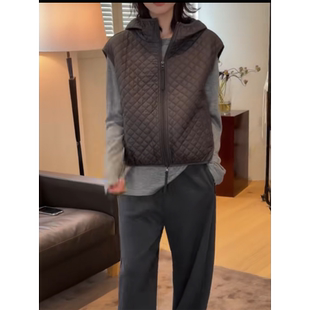 in菱形格纹连帽棉衣马甲女无袖拉链棉服背心宽松百搭保暖外套早冬