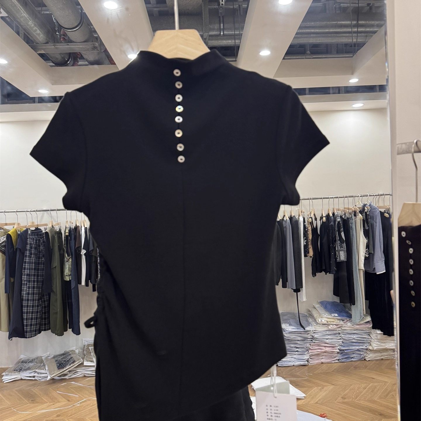 SJBY 2025秋季设计感不规则显瘦短袖T恤女半高领系带斜边上衣8628