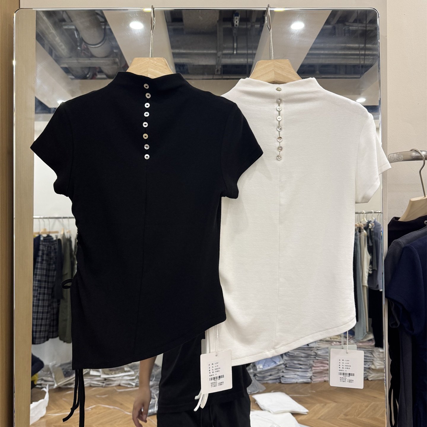 SJBY 2025秋季设计感不规则显瘦短袖T恤女半高领系带斜边上衣8628