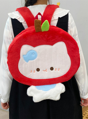 吉吉向上原创可爱毛绒苹果头套小猫书包卡通学生旅游上学双肩包