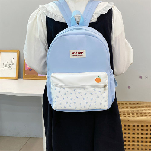 吉吉向上原创碎冰蓝碎花蜜橘拼接双肩包高颜值设计感学生书包