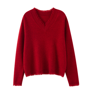 2025春秋新款羊绒衫女100纯山羊绒V领红色显瘦上衣拉绒针织套衫