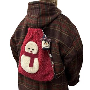 Mirenbu迷人布冬季雪人抽绳包 双面 双肩斜挎两用包包 毛绒 圣诞