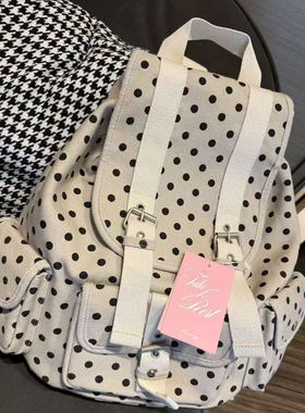 newjeans同款韩国小众设计复古日系波点口袋双肩包大容量棉休闲包
