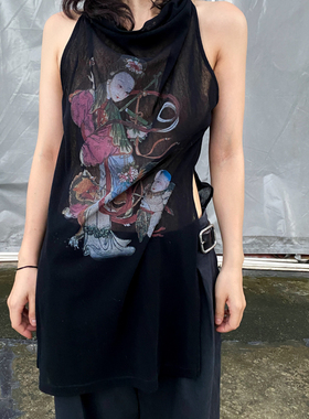 T Lonely1传统复古印花图案夏季套头上衣背心 长款高领背心