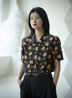 TLonely1 marginal man 复古翻领碎花衬衫肩棉短袖衬衣