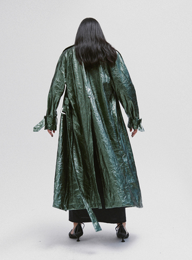 T Lonely1 原创设计绿色大衣女秋冬季新款加厚褶皱小众高级感外套