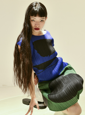 tlonely1 marginal man 褶皱拼色图案连衣裙/现货有腰带