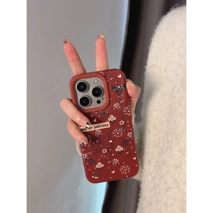 ins氛围感贴皮碎花2024新年适用iPhone15promax手机壳新款 苹果14p