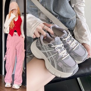 女 2025秋季 新款 厚底老爹鞋 女拼色小个子学院风松糕软底运动休闲鞋