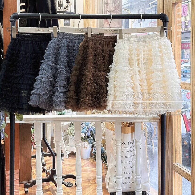 依源 秋冬装 木耳边 层次纱网蕾丝 橡筋腰围 裤裙 半身裙 入4色