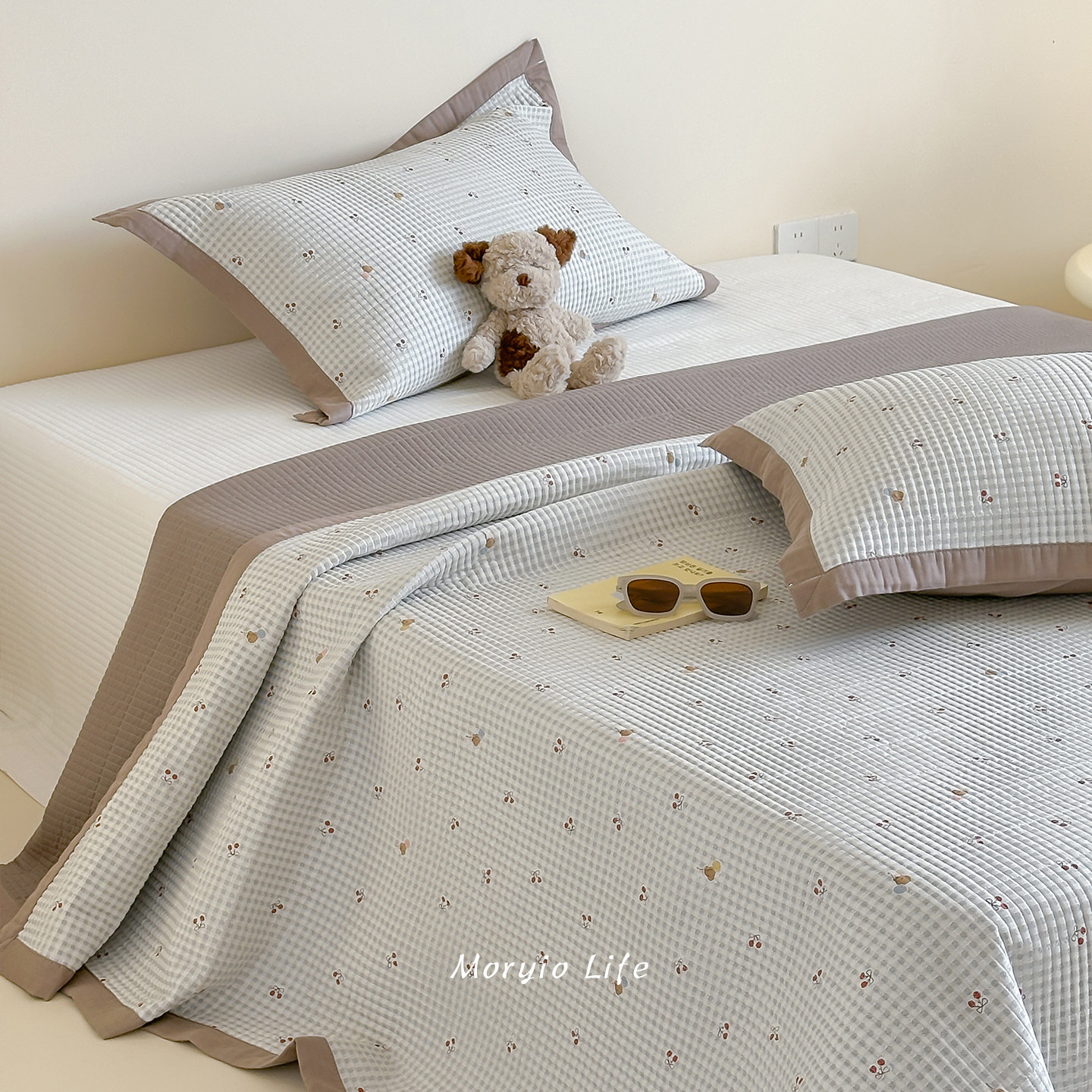 木悠ins小清新全棉双层纱绗缝夹棉床盖三件套榻榻米防滑加厚床单,床上用品,床盖,淘宝优惠券,粉丝福利购,淘宝优惠卷