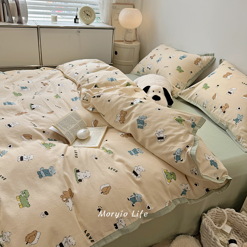 木悠ins卡通小清新全棉双层纱四件套纯棉可爱被套床单宿舍三件套