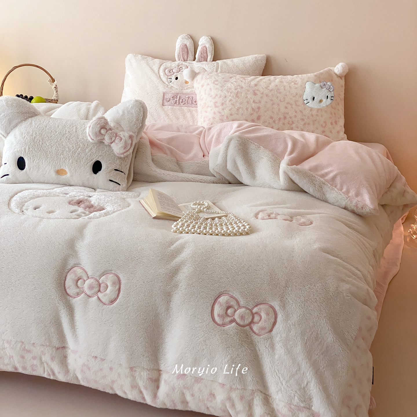 木悠可爱猫咪刺绣仿兔毛绒四件套冬牛奶绒加厚保暖少女心被套床单
