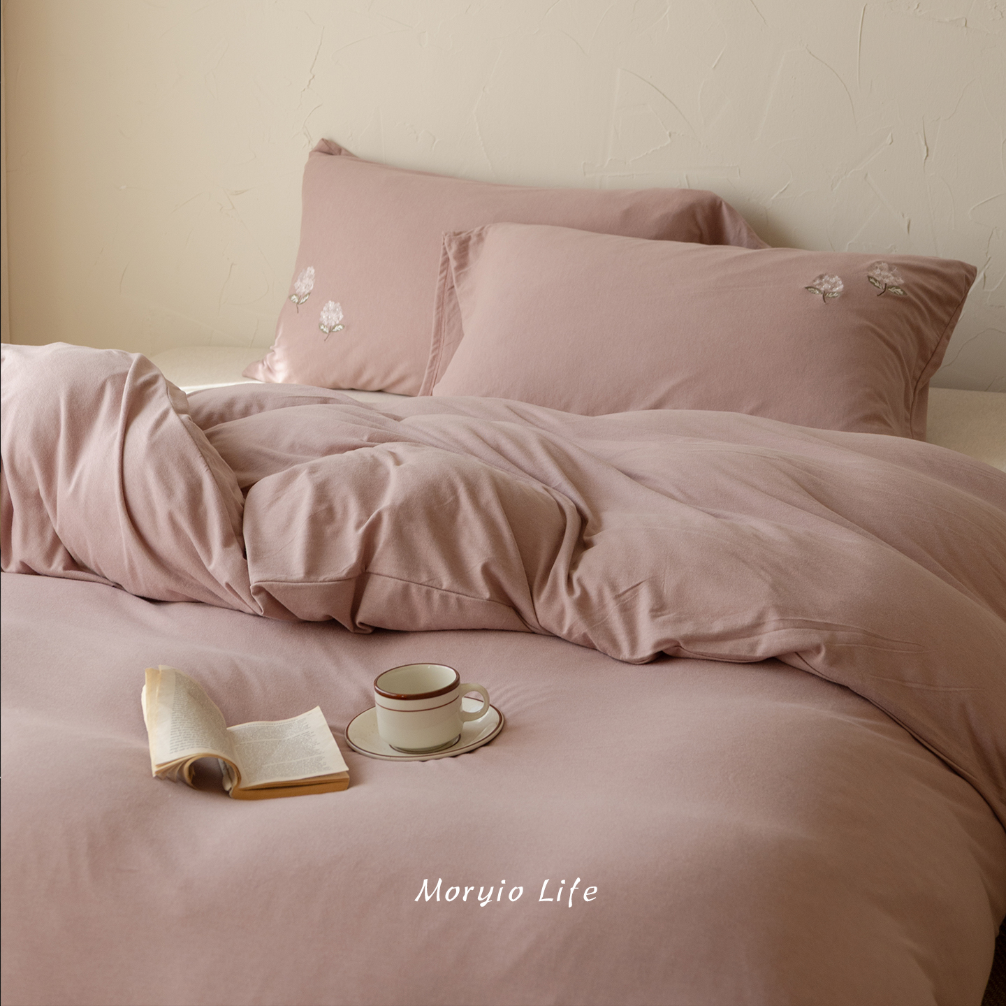 木悠简约绣花针织棉色纺磨毛拉绒四件套秋冬保暖软糯亲肤被套床单