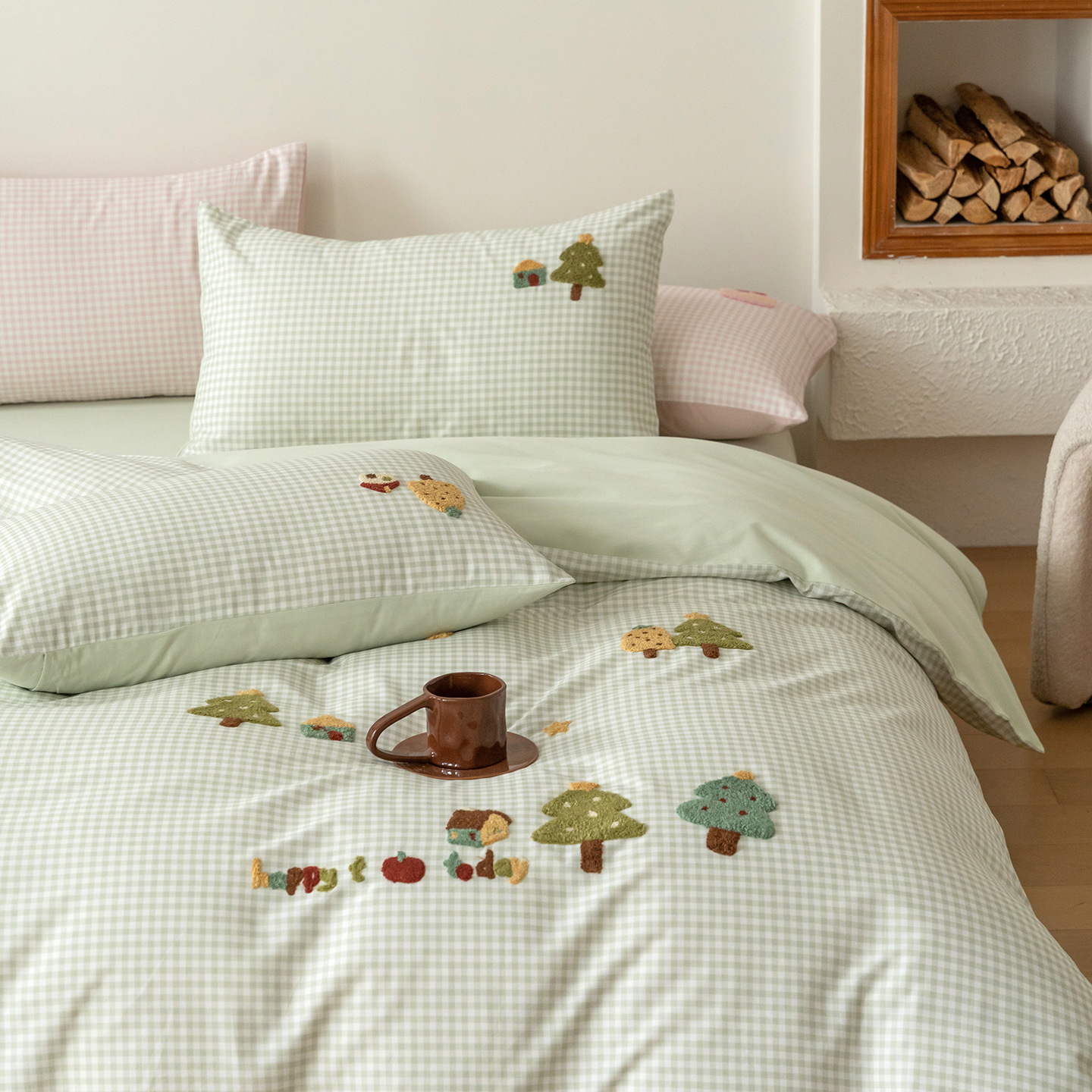 木悠小清新毛巾绣秋冬100s长绒棉全棉磨毛四件套保暖被套床单床笠