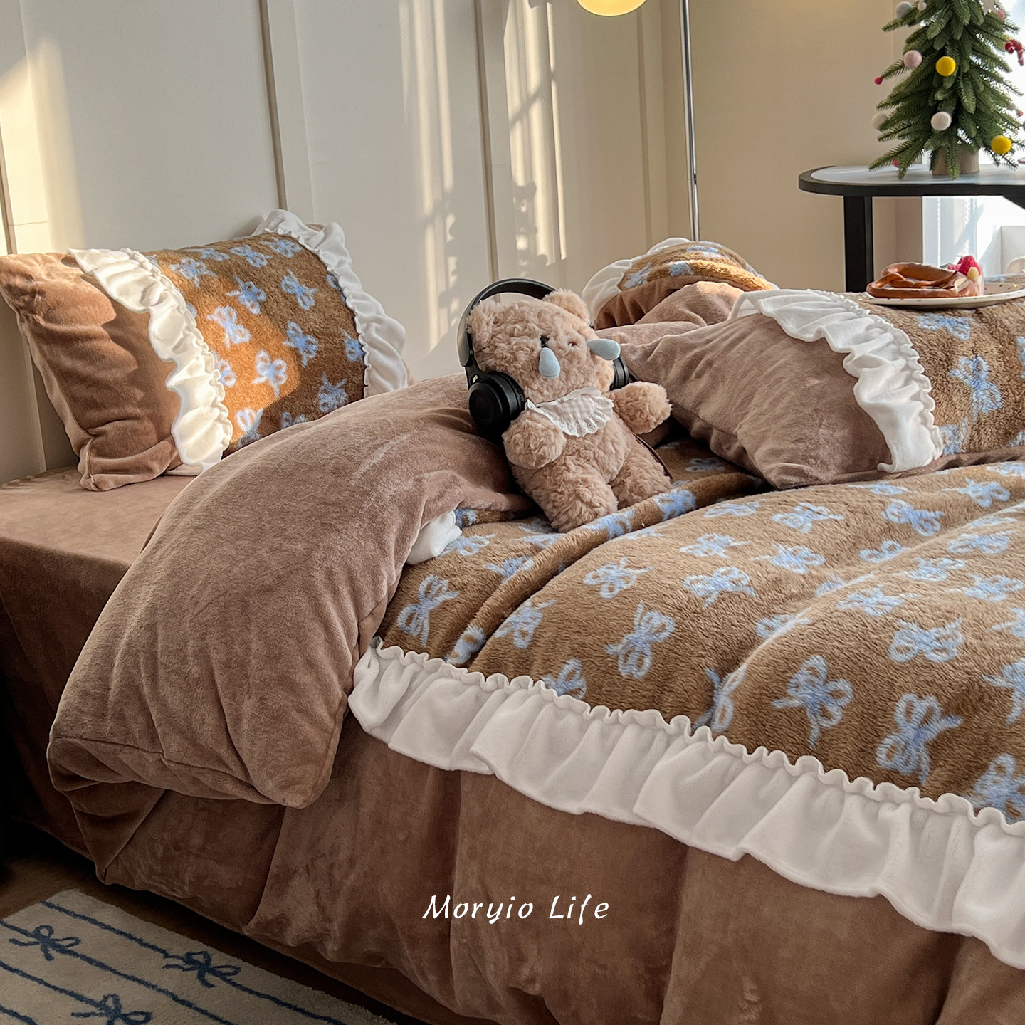 木悠韩版仙美拼接花边泡芙绒牛奶绒四件套冬季保暖加厚被套床单,床上用品,床品套件/四件套/多件套,淘宝优惠券,粉丝福利购,淘宝优惠卷