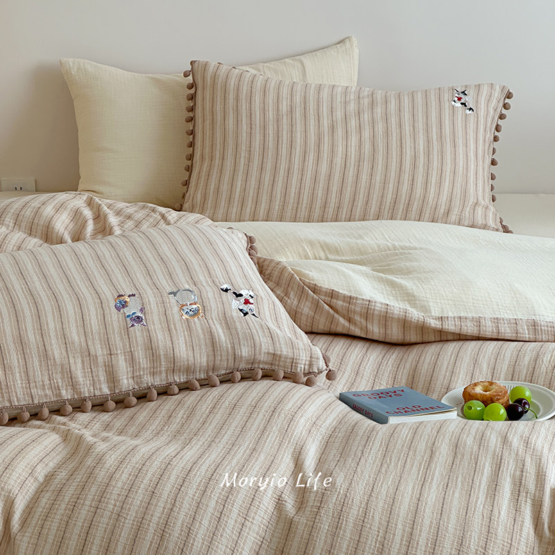 木悠少女心球球边全棉色织皱皱纱四件套可爱卡通刺绣纯棉被套床单