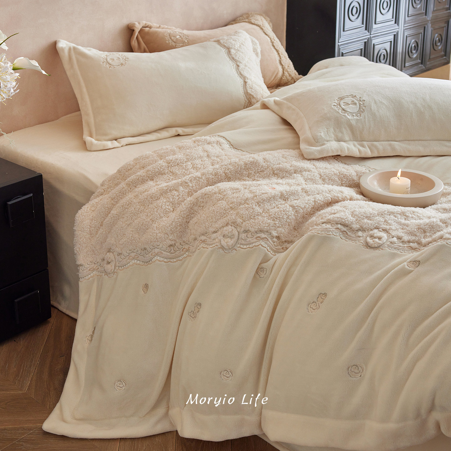 木悠法式轻奢绣花冬季保暖牛奶绒四件套加厚珊瑚绒被套床单床笠