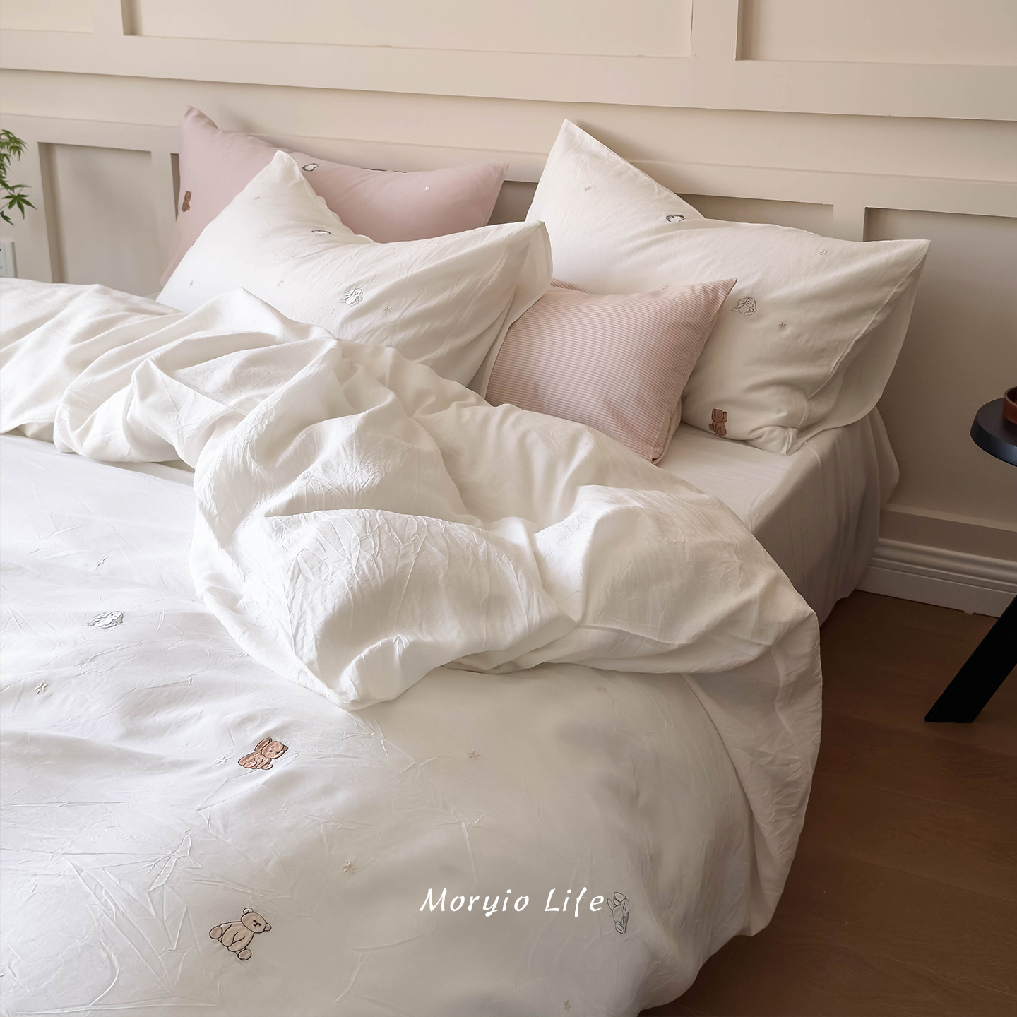 木悠ins小清新刺绣皱皱砂洗兰精天丝四件套柔软糯滑被套床单床笠