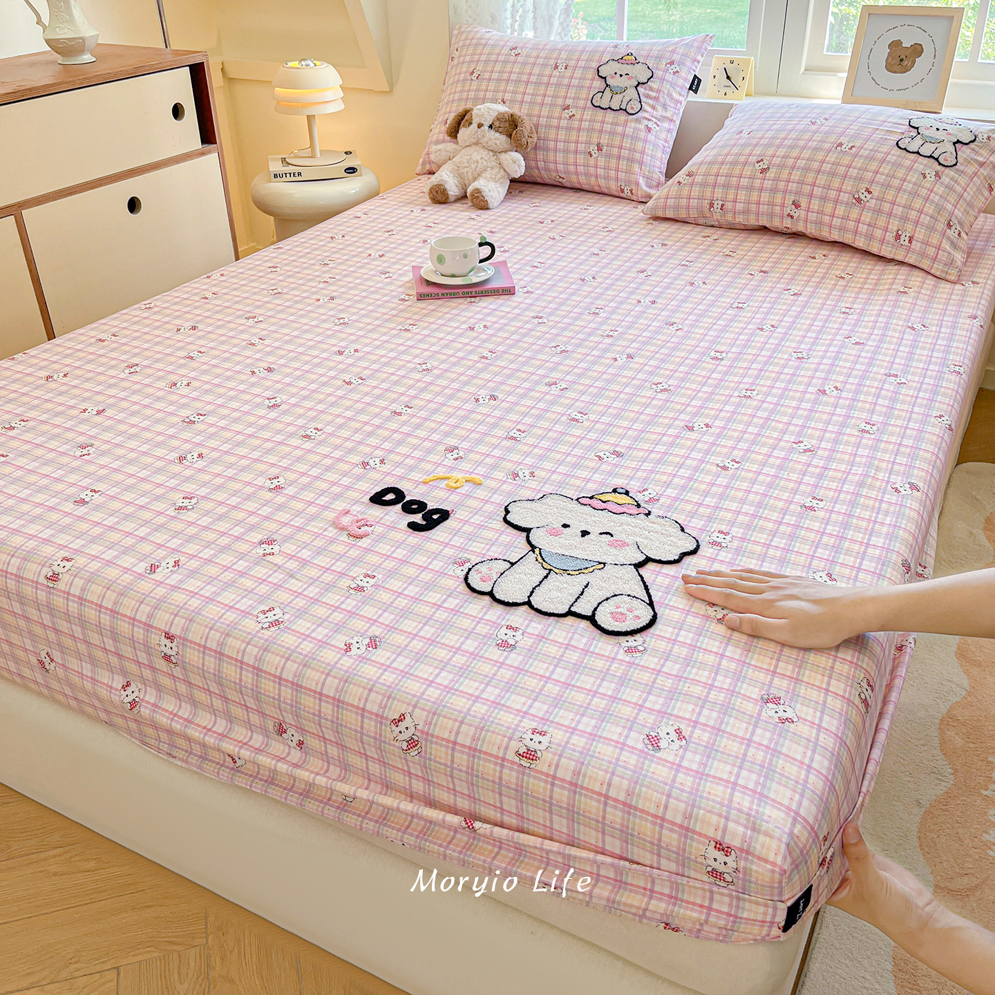 木悠ins小清新全棉床笠单件可爱卡通毛巾刺绣纯棉防滑床罩床垫套