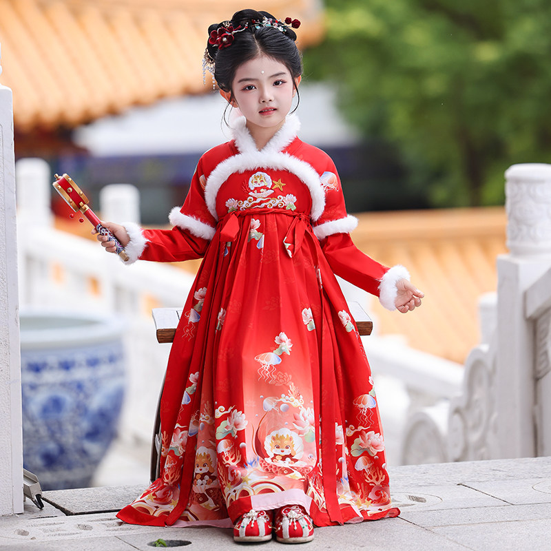 汉服女童冬季加绒古装拜年服女孩秋冬款中国风过年加厚红色连衣裙