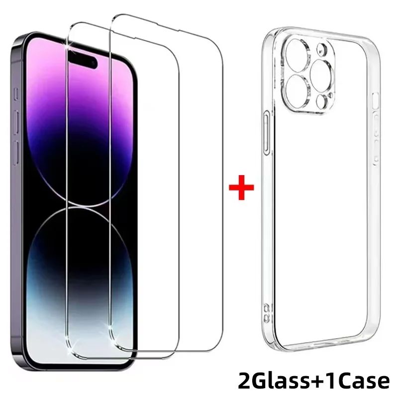 2Pcs Tempered Glass +1Pcs Phone Casefor IPhone 16 15 14 13 1