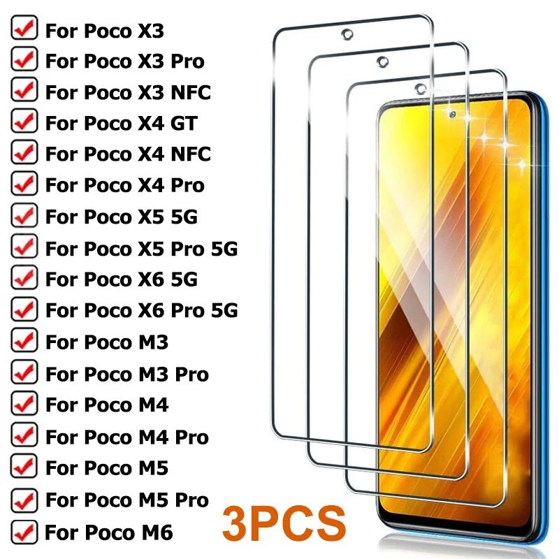 3PCS Protective Glass for Poco X3 X4 GT X5 X6 Pro NFC 5G Scr