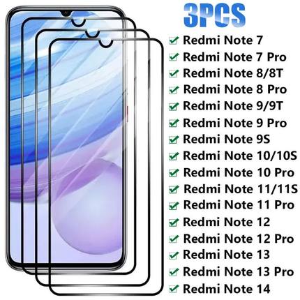 3PCS Full Tempered Glass for Xiaomi Redmi Note 7 8 9 10 Pro