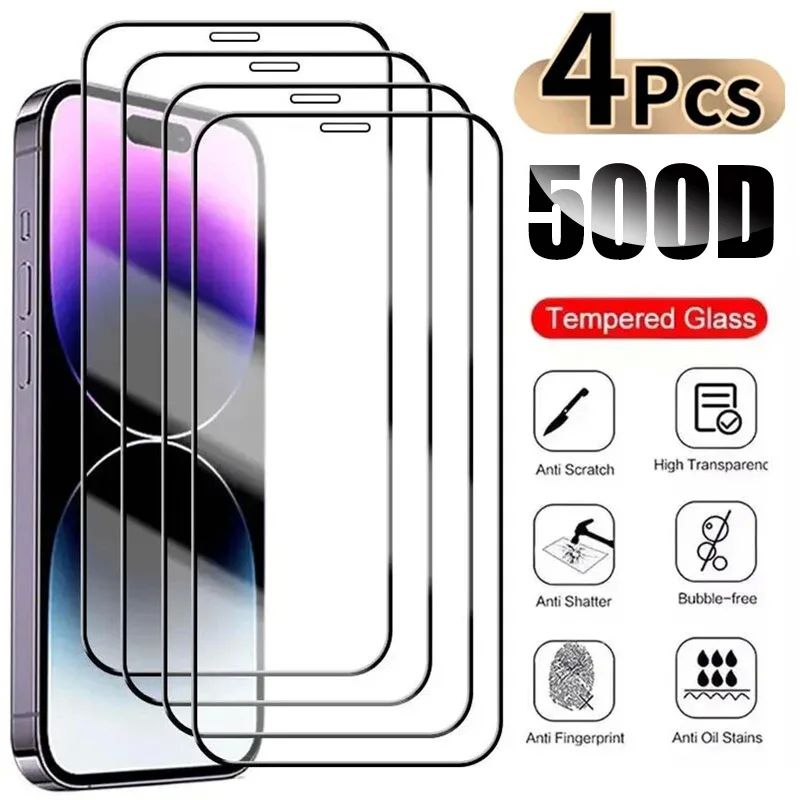 4PCS 500D Full Cover Protective Glass For iPhone 13 12 11 14