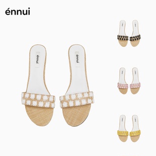 ennui 新尝试 编织花朵 法式简约度假舒适一字带低跟小跟拖鞋女
