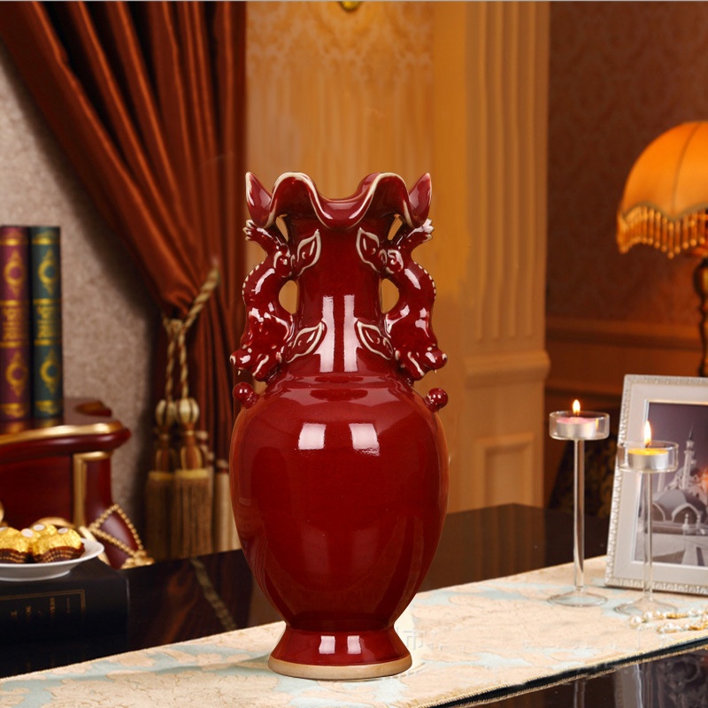 钧瓷陶瓷花瓶招财葫芦摆件 双龙耳荷口花瓶家居创意工艺品酒店装