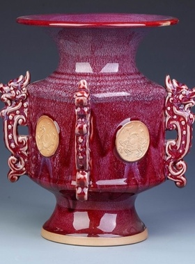 神后钧瓷客厅摆件家居装饰钧窑中式陶瓷花瓶桌面摆件花瓶如意尊