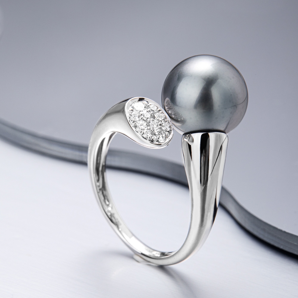 大溪地铂金灰色珍珠戒指S925银女戒正圆无暇极强光珠 送女友礼物