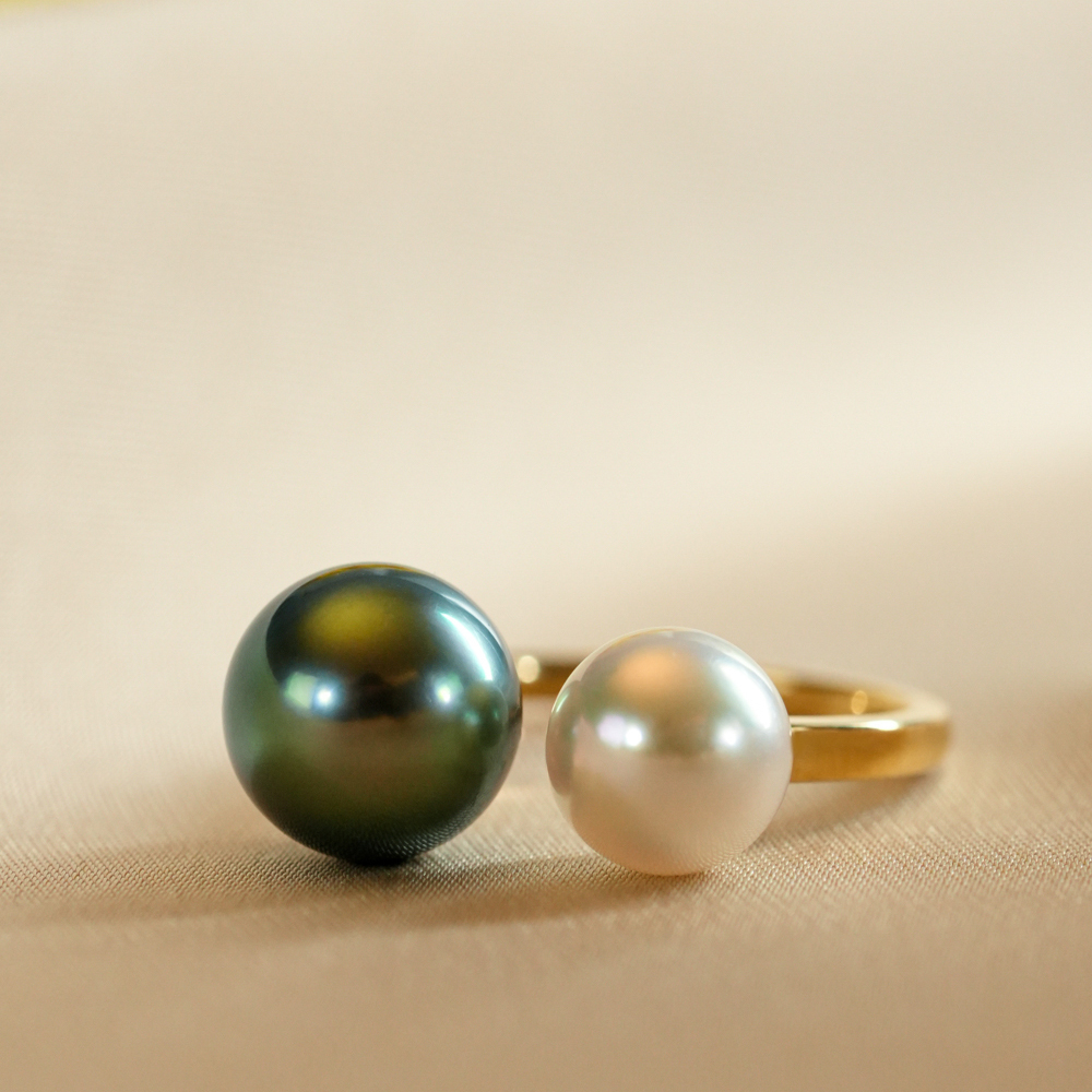 大溪地孔雀绿珍珠戒指akoya天女双柱女戒S925银正圆无暇珠送女友