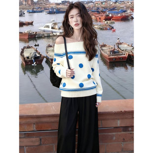 JOYIASS小个子韩系甜辣一字肩波点毛衣女秋冬宽松慵懒风针织衫阔