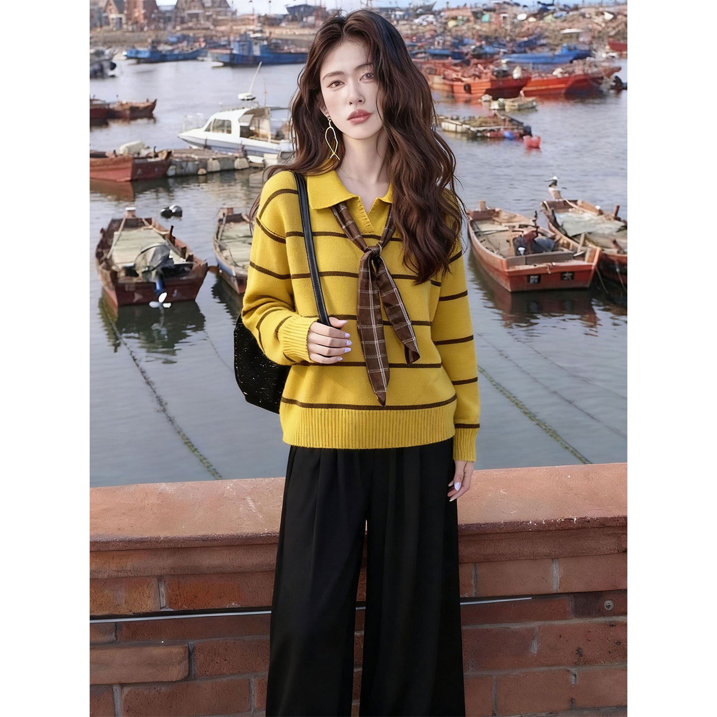 JOYIASS韩系慵懒风条纹polo领针织衫阔腿裤套装女秋冬装高级感休