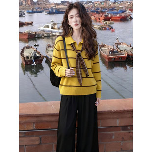 ROUMIKL韩系慵懒风条纹polo领针织衫阔腿裤套装女秋冬装高级感休