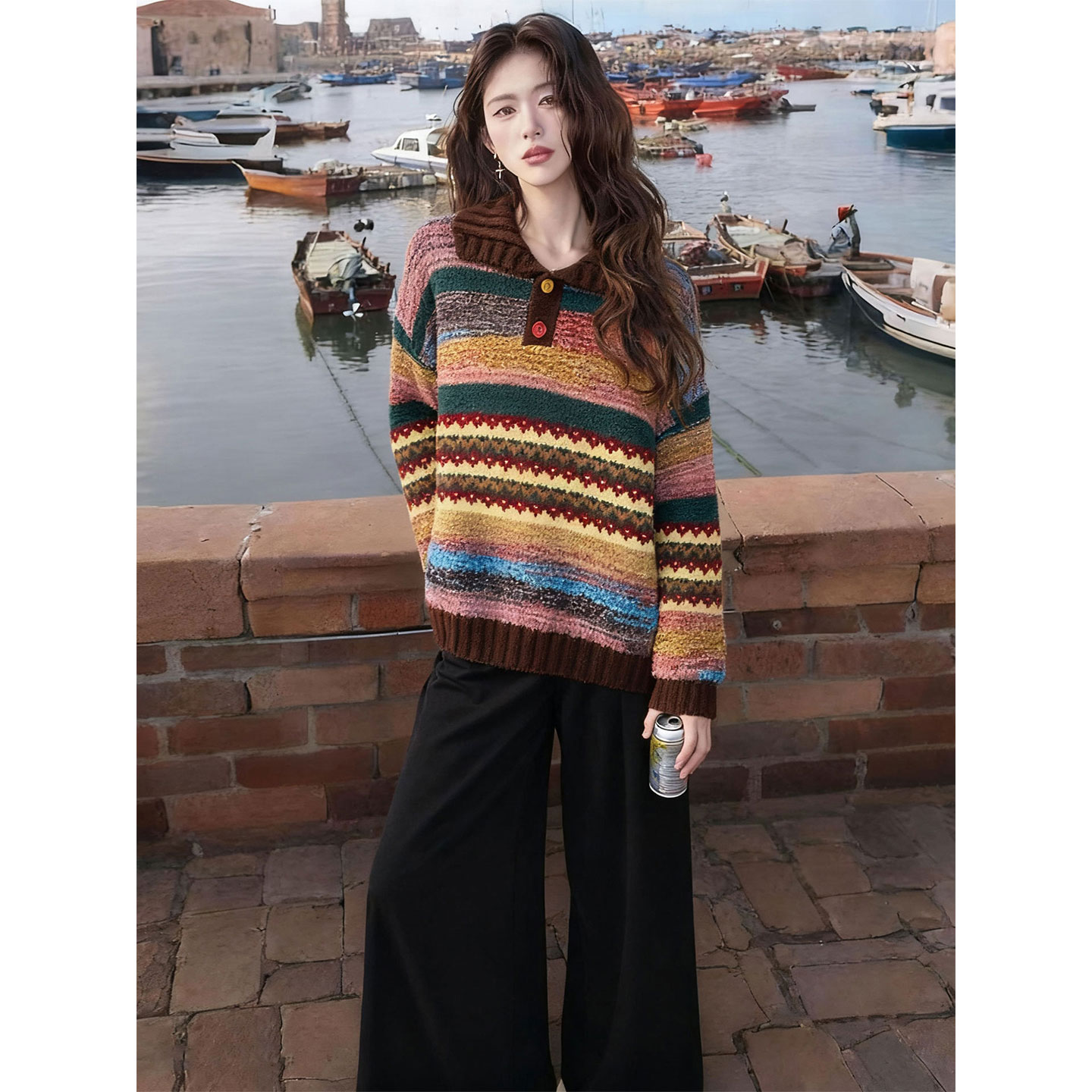 ROUMIKL韩系一整套ootd穿搭初冬小个子慵懒风费尔岛条纹毛衣阔腿