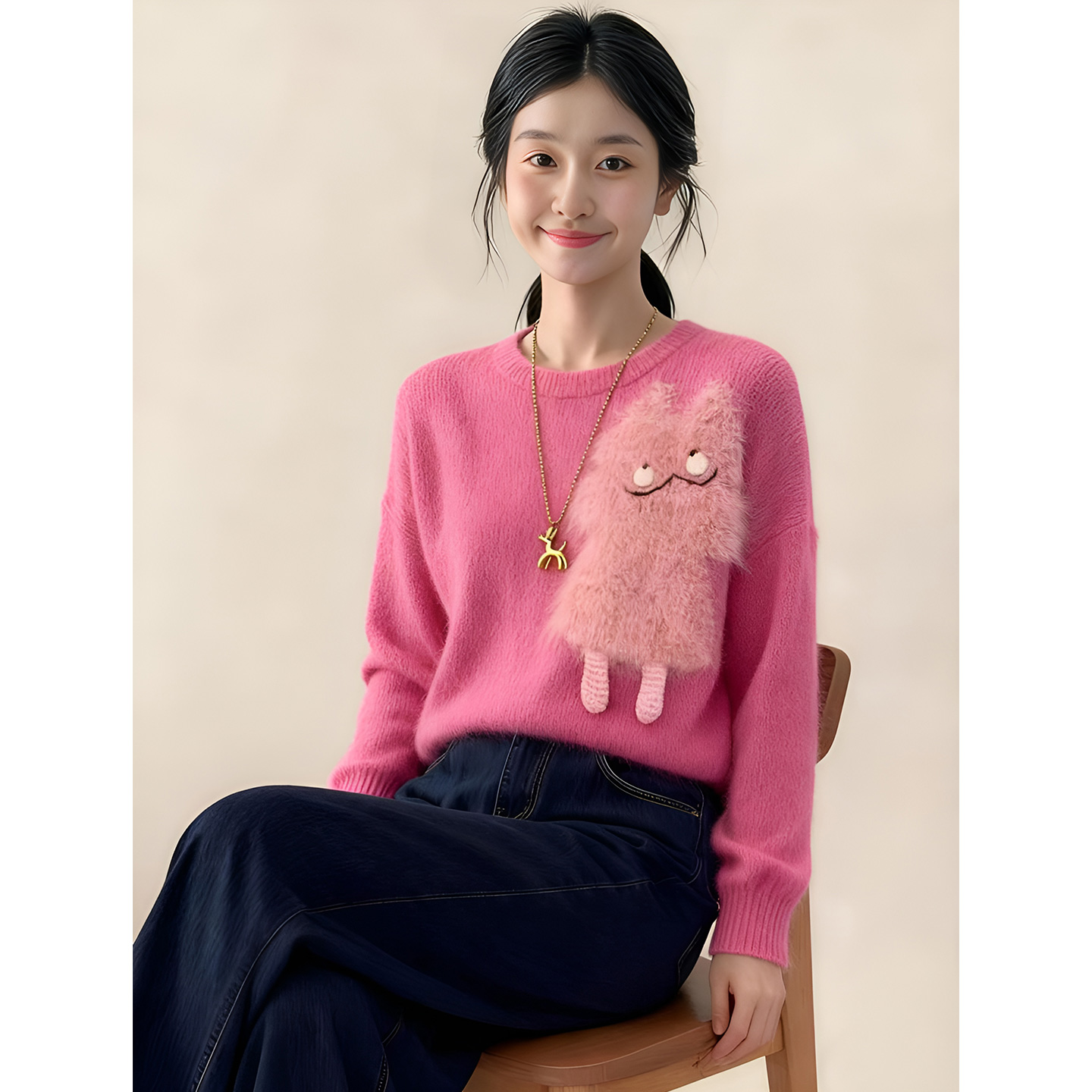 ROUMIKL韩系一整套ootd穿搭秋日巨好看的多巴胺粉色针织毛衣牛仔