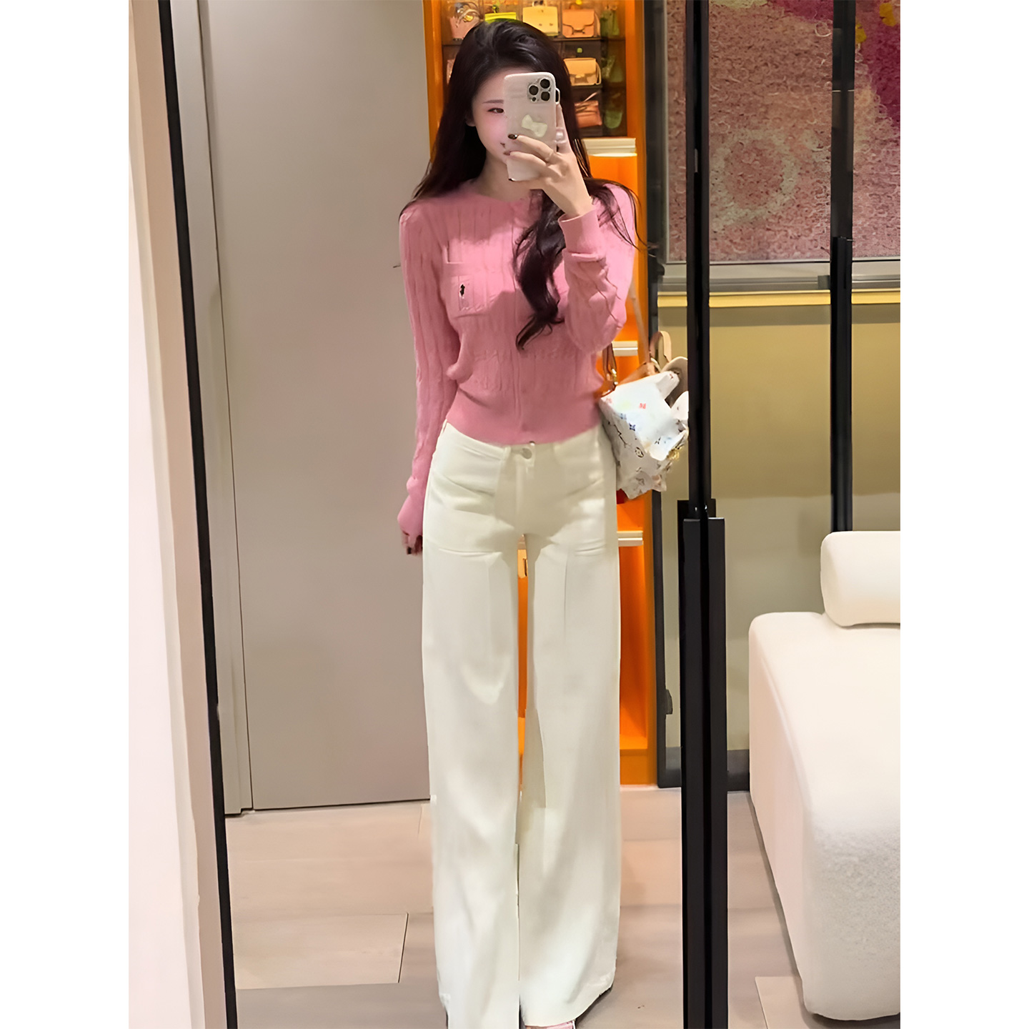 JOYIASS气质一整套ootd穿搭秋日巨好看的韩系温柔风粉色针织衫阔