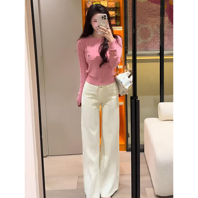 JOYIASS气质一整套ootd穿搭秋日巨好看的韩系温柔风粉色针织衫阔