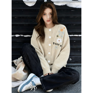 ROUMIKL2025超火两件套女装小个子韩系慵懒风花朵刺绣针织毛衣牛