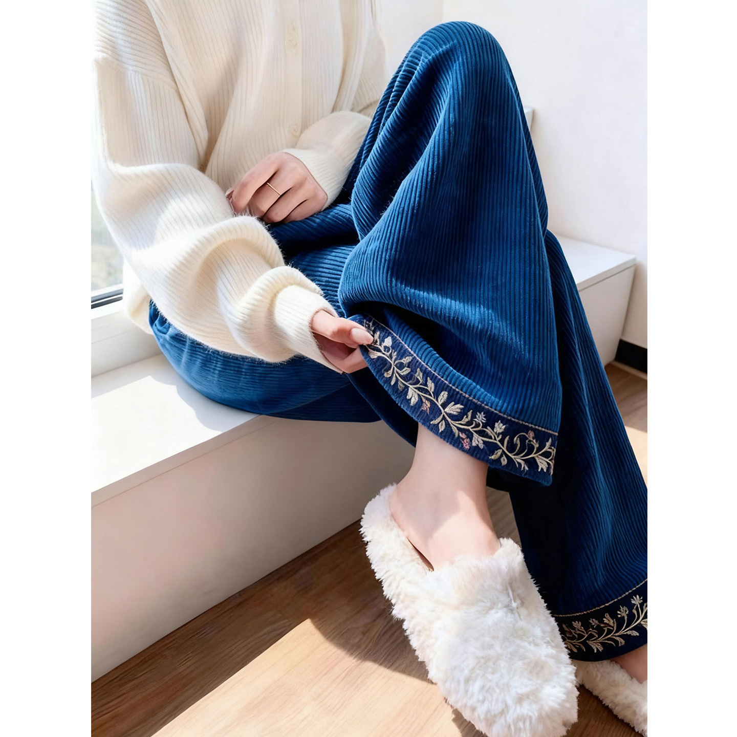 ROUMIKL蓝色阔腿裤女2025秋冬复古刺绣高腰显瘦垂感宽松休闲拖地