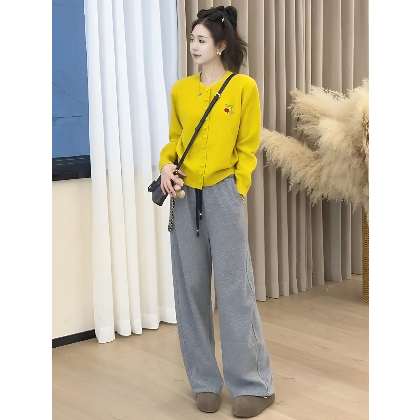 ROUMIKL韩系一整套ootd穿搭慵懒针织开衫阔腿裤套装女秋冬百搭休