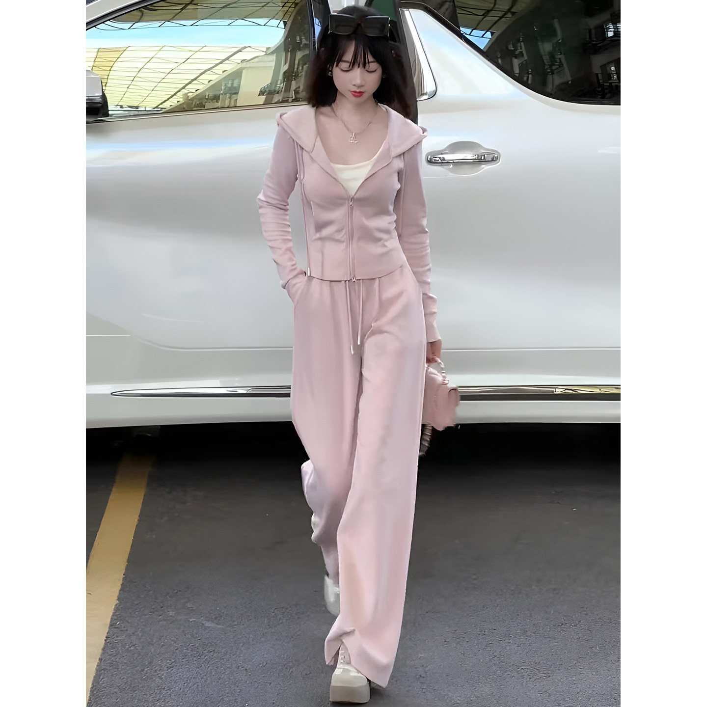 ROUMIKL粉色连帽卫衣阔腿裤大方得体松弛感套装女早秋2025超火穿